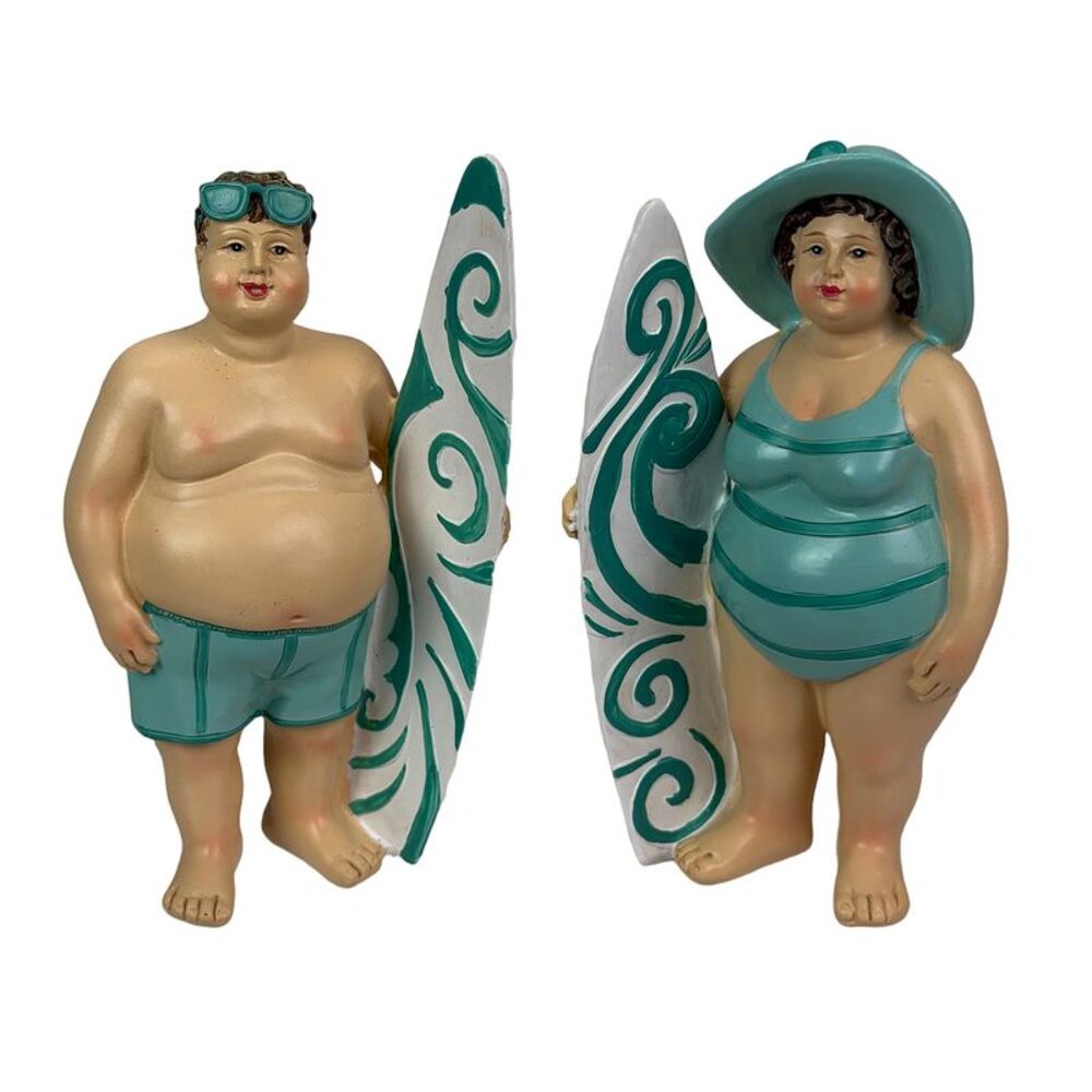 Surfing Beach Couple Figurine Set Aqua Resin Coastal Decor 5.75 In